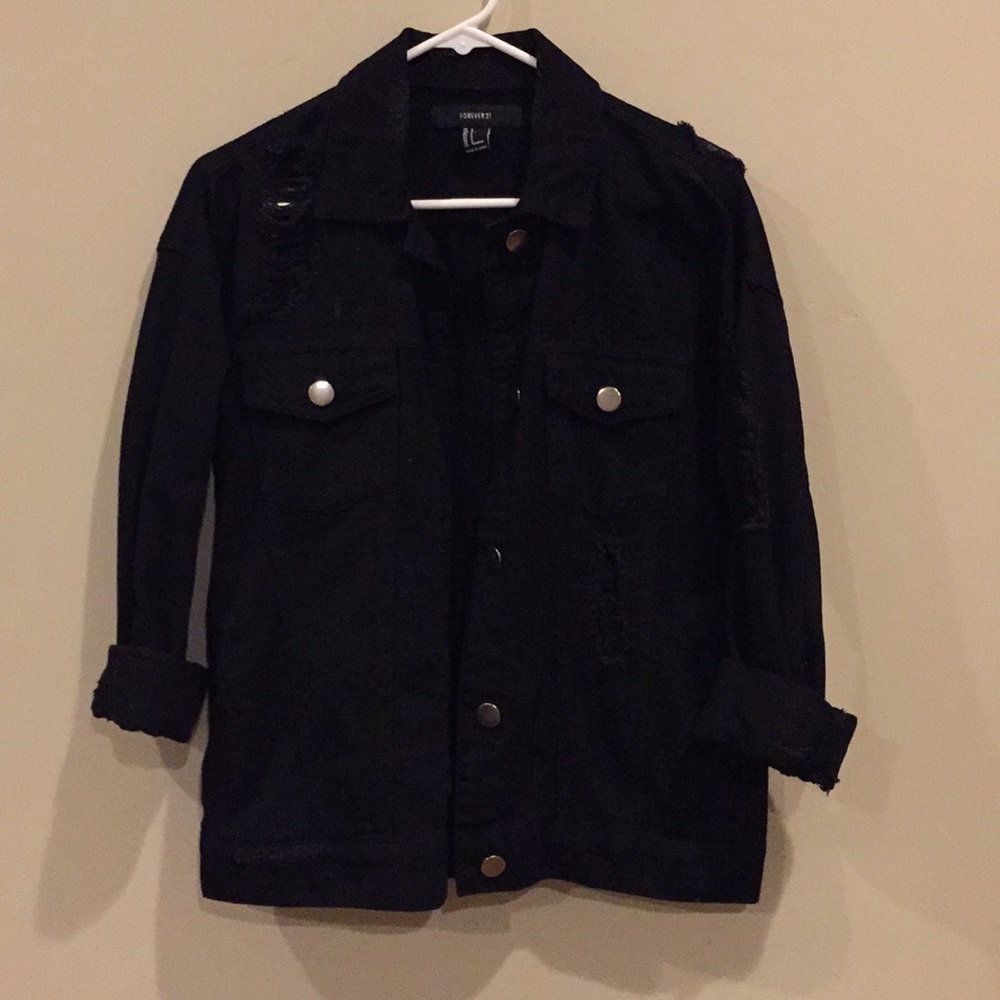 Distressed black jean jacket